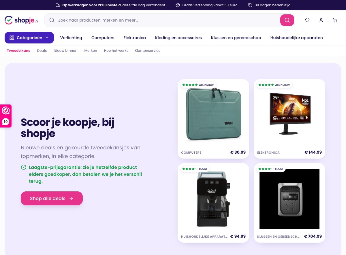 Homepage van Shopje.nl